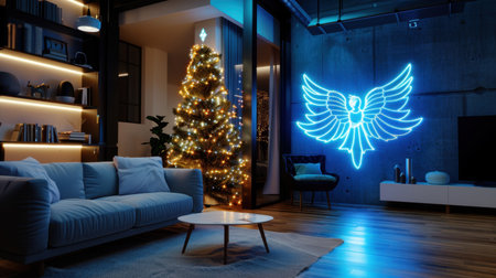 Embrace the holiday spirit in this inviting living room featuring a Christmas tree and captivating neon wall art, creating a modern festive ambiance.の素材