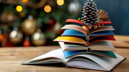 A visually appealing arrangement of colorful books stacked creatively, topped with a pine cone, set against a blurred backdrop of Christmas lights and ornaments, evoking a festive atmosphere.の素材