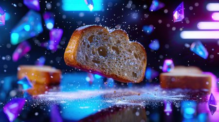 A mesmerizing image of a slice of bread levitating amidst vibrant crystals and sparkling particles, creating a dynamic and imaginative composition.の素材