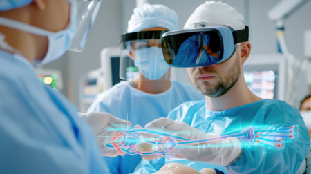 A surgeon wearing a virtual reality headset engages in advanced medical procedures in an operating room, showcasing innovation in healthcare technology and patient care.の素材
