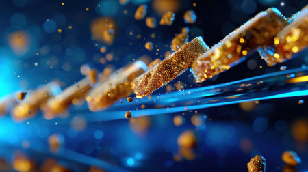 This captivating abstract image showcases golden particles suspended in a dynamic blur of vibrant blue and orange light, creating an enchanting visual experience.の素材