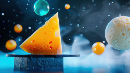 A captivating still life featuring a vibrant cheese slice surrounded by colorful spheres, set against a dreamy backdrop of smoke and soft light.の素材