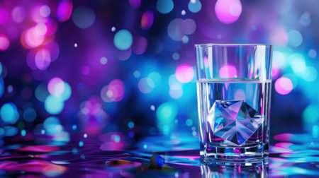 This artistic image captures a glass of water with a crystal inside, set against a vibrant bokeh background. The colorful lights create an enchanting and dreamlike atmosphere.の素材