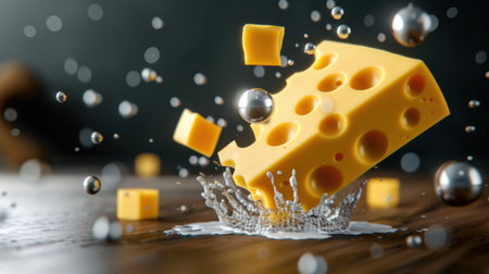 This striking image captures a dynamic scene featuring flying yellow cheese blocks creating a splash effect. Silver balls enhance the artistic flair, presenting a vibrant culinary moment ideal for food-related projects.の素材