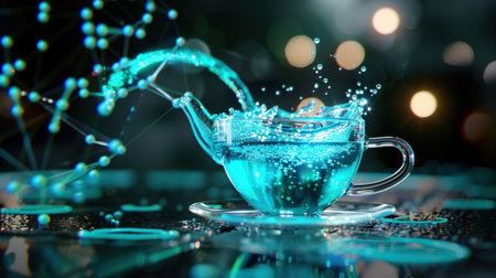A stunning glass teapot filled with vibrant blue water creates a mesmerizing splash, surrounded by dynamic bubbles and an artistic background, embodying freshness and creativity.の素材