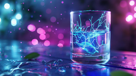 A captivating glass filled with luminous liquid creates a mesmerizing visual experience, enhanced by sparkling droplets and a colorful bokeh background.の素材