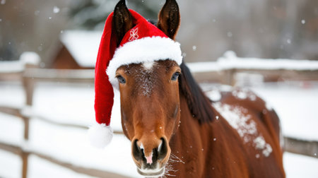 A charming horse dons a festive Santa hat against a snowy background, capturing the joy of the holiday season on a tranquil farm. Perfect for seasonal themes.の素材