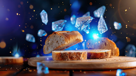 An enchanting scene featuring floating slices of bread surrounded by colorful sparkles and ice crystals on a wooden board, creating a magical kitchen atmosphere.の素材