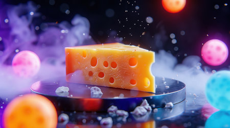 This vibrant cheese slice stands on a reflective surface, surrounded by colorful bubbles and whimsical smoke, creating a dynamic and playful atmosphere perfect for food art.の素材