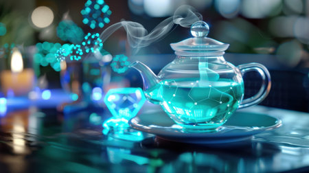 A captivating glass teapot emits steam and a soothing blue aura, set against a softly lit background, perfect for enhancing cozy home environments.の素材