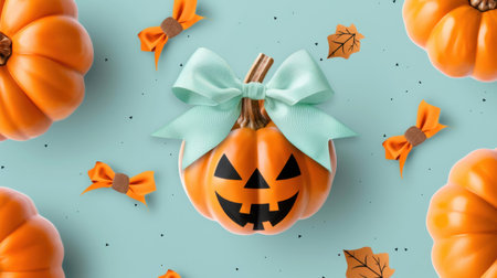 A charming Halloween pumpkin adorned with a stylish bow, set against a mint backdrop. Perfect for seasonal celebrations, crafts, and playful decor.の素材