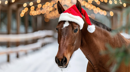 A cheerful horse wearing a Santa hat poses for a portrait in a snowy winter environment, surrounded by warm decorative lights, capturing the magic of the season.の素材