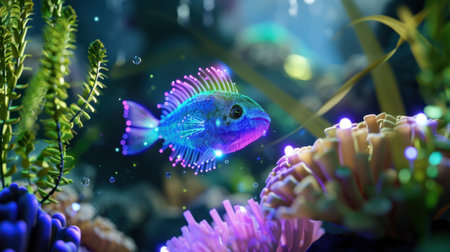 A stunning digital illustration of a radiant fish swimming gracefully through a vibrant coral reef. The scene captures the beauty of underwater life with intricate details and soft lighting effects, creating a whimsical and serene atmosphere. Perfect for art enthusiasts and nature lovers.の素材