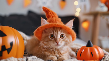 This charming image features an adorable orange kitten wearing a witch hat, surrounded by Halloween decorations and pumpkins in a cozy setting.の素材