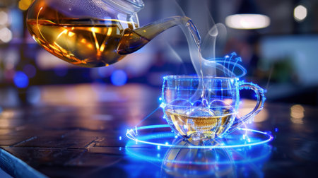 A visually captivating scene of hot tea being poured into a cup, surrounded by steam and glowing effects, creating an inviting and warm atmosphere.の素材