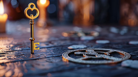 This captivating image features an ornate golden key marked with the letter E, placed on a richly textured wooden surface. Surrounding candles cast a mystical ambiance, enhancing the sense of mystery and adventure. Ideal for themes of exploration and fantasy.の素材