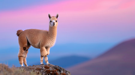 A stunning alpaca poses on a rocky outcrop, illuminated by the soft pink and purple hues of dawn. This serene image captures the beauty of nature.の素材