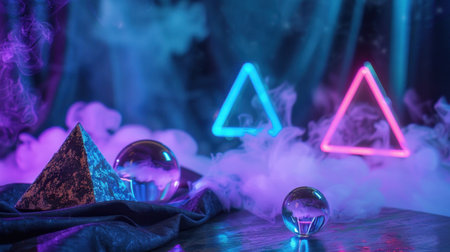 A captivating scene featuring neon geometric shapes illuminated in blue and pink, surrounded by colorful smoke and glass objects, evoking a surreal atmosphere.の素材