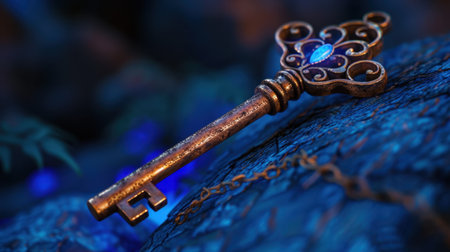 A beautifully crafted vintage key featuring a blue gemstone, resting on a rugged stone background illuminated by soft light, evoking a sense of mystery.の素材