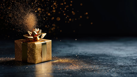 A beautiful golden gift box with an ornate bow sits against a dark background, surrounded by sparkling dust, perfect for conveying joy and luxury during celebrations.の素材