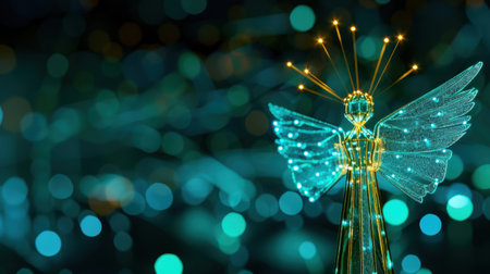 This stunning angel figurine features delicate wings made of shimmering wire, beautifully illuminated against a dreamy bokeh background, evoking a sense of peace and wonder.の素材