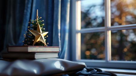 A serene Christmas scene featuring a miniature tree topped with a star ornament on a stack of books. The soft sunlight filters through the window, creating a cozy and festive atmosphere perfect for the holiday season.の素材