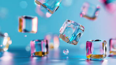 This captivating image showcases colorful ice cubes suspended in mid-air against a vibrant blue backdrop. Ideal for drink-related themes, it embodies freshness and creativity.の素材
