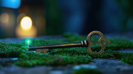 A vintage brass key rests gracefully on vibrant green moss, surrounded by soft night illumination. This enchanting scene evokes feelings of mystery and adventure.の素材