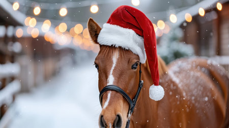 A cheerful horse wears a festive Santa hat amidst falling snow and glowing bokeh lights, capturing the warmth of the winter holiday season in a cozy outdoor setting.の素材
