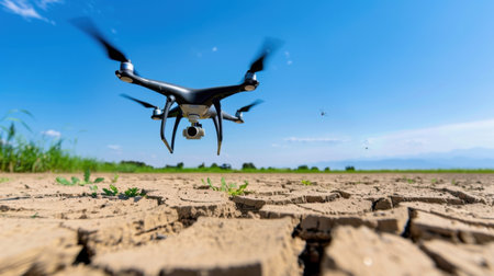 A black drone captures stunning aerial views over a parched, cracked earth landscape under a bright blue sky, showcasing advanced technology in nature.の素材