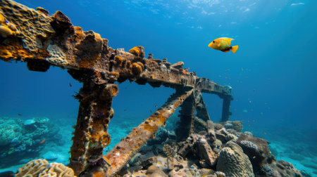 This captivating underwater scene showcases a vibrant coral reef alongside a sunken structure, home to colorful fish and diverse marine life.の素材