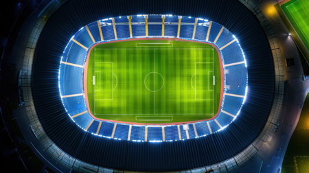 This aerial image captures a modern soccer stadium showcasing a perfectly manicured field and bright illumination, perfect for sports event promotions.の素材