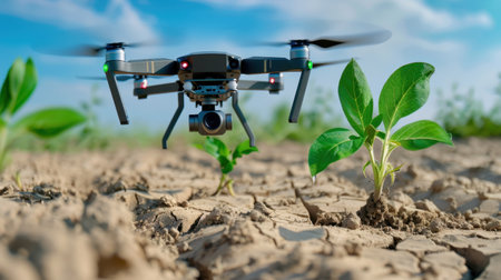 A drone hovers above young plants sprouting in dry soil, showcasing modern agricultural techniques for monitoring growth and enhancing crop productivity.の素材
