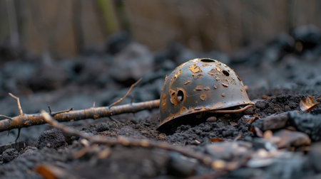 This poignant image features an abandoned military helmet resting on charred earth, symbolizing loss and conflict in a war-torn landscape filled with debris.の素材