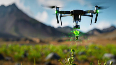 A drone hovers above a vibrant agricultural field, spraying fertilizer over crops with mountains in the backdrop under a clear blue sky.の素材