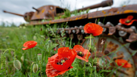 An abandoned military tank is enveloped by bright red poppies, showcasing the beauty of nature reclaiming man-made structures. The scene captures a moment of peace and decay, perfect for illustrating contrasts between war and serenity.の素材