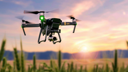 A drone captures aerial views above a lush agricultural field during sunset, showcasing the serene landscape and vibrant colors of nature and technology.の素材