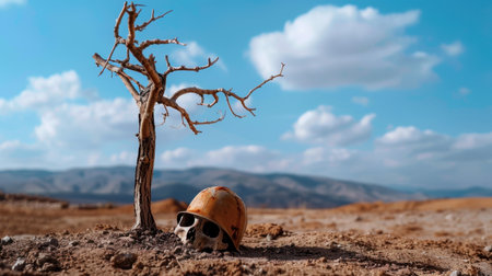 A stark image featuring a helmeted skull next to a lifeless tree in a dry landscape, showcasing themes of solitude and the passage of time.の素材