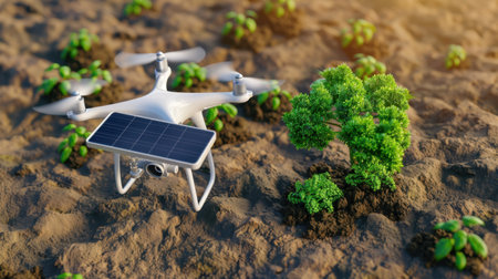 This image showcases a drone equipped with a solar panel hovering near young tree seedlings in a rich soil setting, highlighting the intersection of technology and nature.の素材