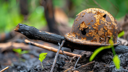 A weathered military helmet rests silently on the forest floor, showcasing the passage of time as nature gradually reclaims its space in this historical moment.の素材