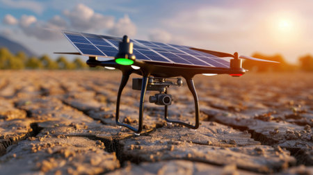 A solar powered drone rests on parched soil, showcasing advanced technology against a vibrant sunset. This image highlights sustainability in agriculture.の素材