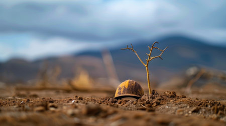A resilient tree emerges from the soil next to an abandoned hard hat, symbolizing hope and survival in an arid landscape affected by drought.の素材