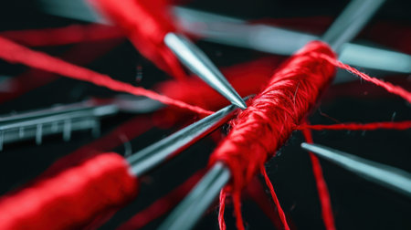 This close-up image showcases vibrant red thread skillfully woven through sewing needles, set against a dark background. Ideal for textile and craft themes.の素材