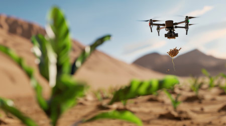 A drone hovers above an agricultural field, capturing data on crops in a dry environment. The mountainous background adds depth to the farming landscape.の素材