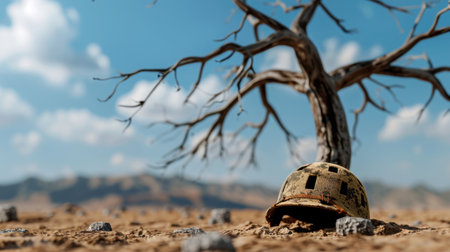 This striking image features an abandoned military helmet resting on parched soil near a leafless tree, representing themes of loss, sacrifice, and the stark realities of war.の素材