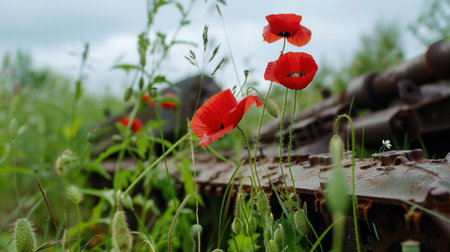 A striking contrast between vibrant red poppies and a rusted military tank captures the beauty of nature reclaiming a forgotten relic in an overgrown field.の素材