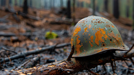 This image captures a rusty military helmet resting on a fallen log in a desolate forest, showcasing themes of decay, history, and nature's resilience.の素材