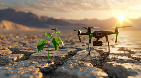 A serene view of a drone next to a young seedling on cracked soil at sunset. This image highlights the harmony between technology and nature, emphasizing innovation in agricultural practices.の素材