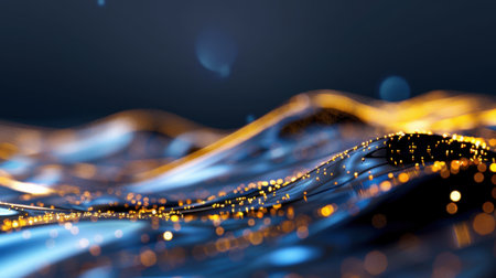 Explore the serene beauty of abstract smooth waves adorned with glowing particles against a deep blue background, perfect for artistic projects or creative designs.の素材