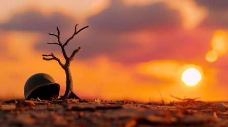 A striking image of a bare tree growing beside a military helmet at sunset, symbolizing resilience and hope amidst a vast and barren landscape.の素材